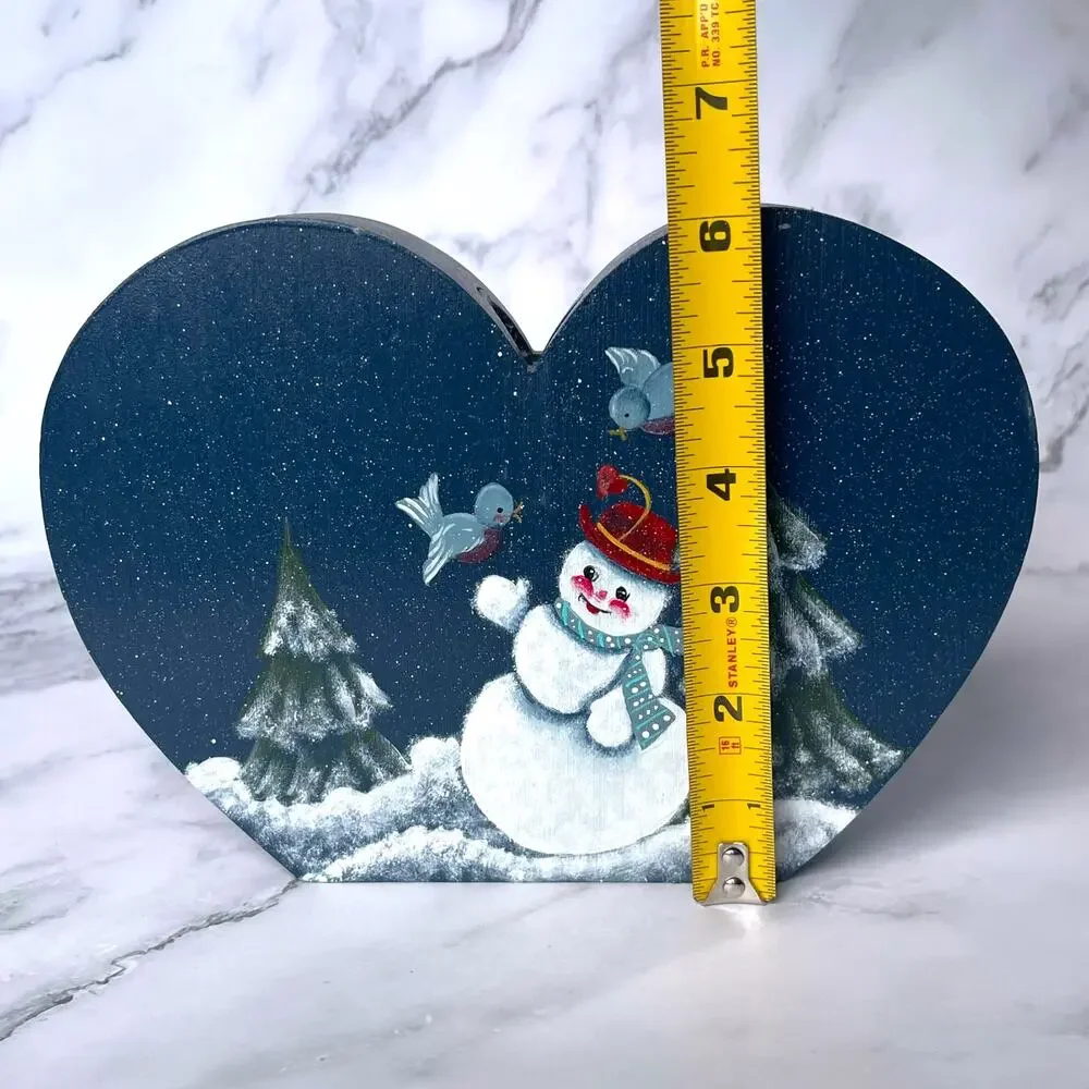Vintage 1984 Hand Painted Wood Heart Snowman Taper Candle Holder Folk Art